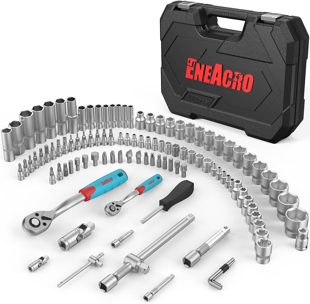 Kit 112 Utensili Manuali con Cricchetti 1/2" 1/4" e Inserti Bit Acciaio