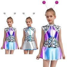 Kids Girls Shiny Metallic Alien Dress With Hair Hoop Halloween Carnival Dance