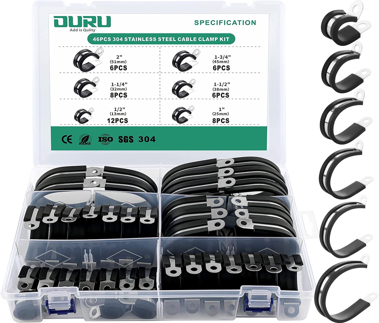 46PCS Stainless Steel Rubber-Coated Cable Clamps Assortment Kit with Cushioned Insulation