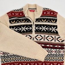 IZOD Mens Fair Isle Snowflake Quarter Zip Sweater Cream Red Black XL