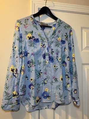 Oasis Blue/White Stripe Floral Viscose V-Neck Button Long Sleeve Blouse 8