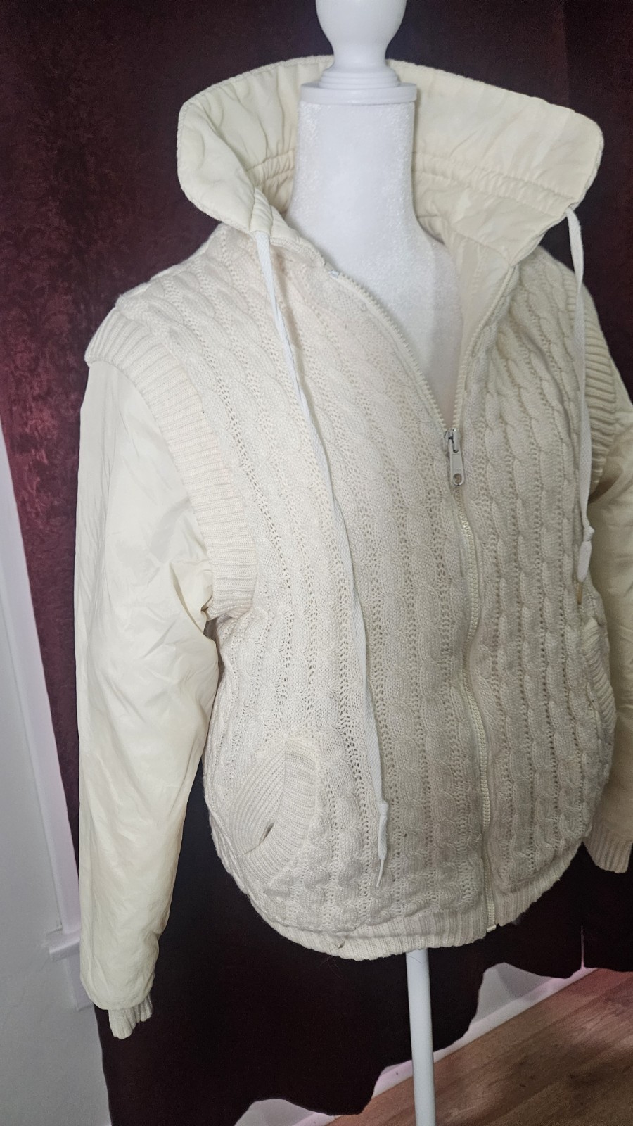 Ivory Cable Knit Zip Drawstring Collar Ribbed Poc… - image 5