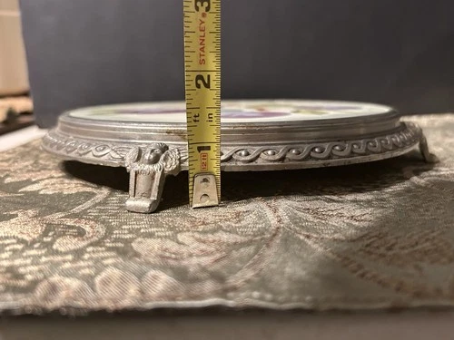 antique Tea Pot Holder Art Nouveau porcelain and metal footed trivet/ Hot Plate image 11