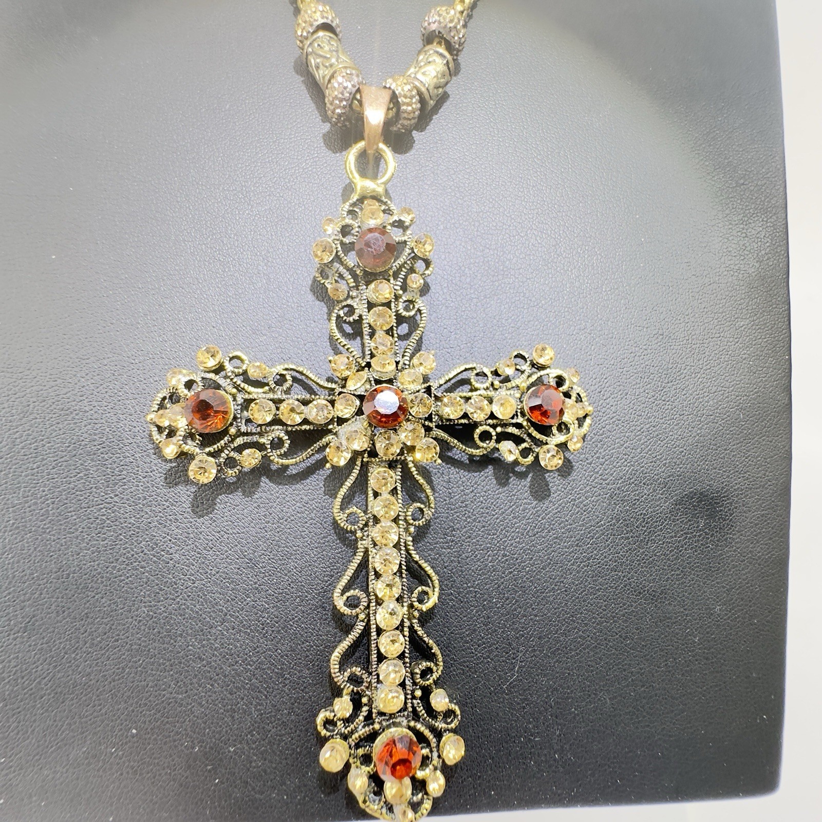Vintage Betsey Johnson Rhinestone Cross Pendant Necklace 28-31” Gold Tone
