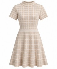 Tahari Womens L Beige Ivory Windowpane Plaid Knit Fit Flare Sweater Dress