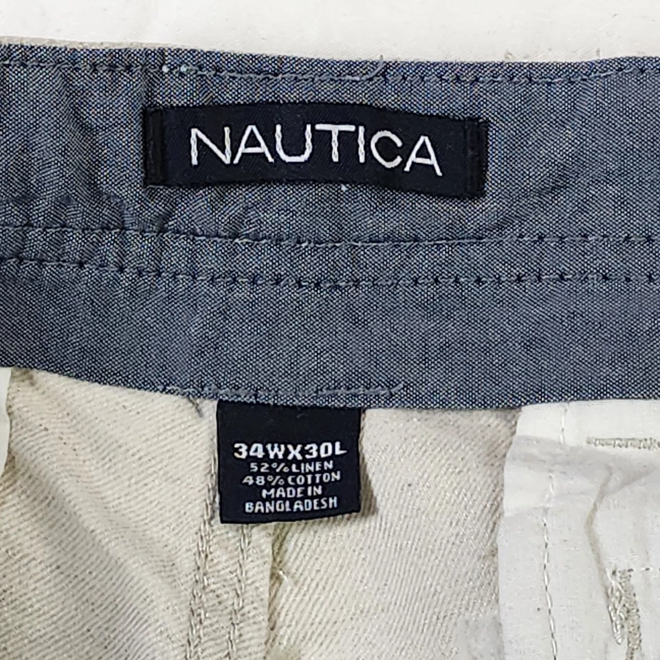 Мужские льняные хлопковые брюки Nautica 34x30 (28,5) бежевые плоские спереди повседневные летние - Изображение 4 из 4