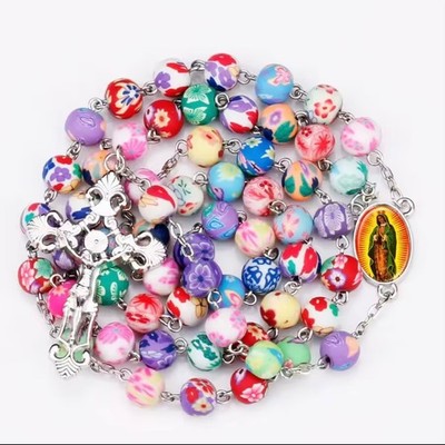 Our Lady of Guadalupe Rosary Beads Necklace Pastel Flower Pattern Polymer Clay