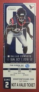 Houston Texans Dallas Cowboys Football Proof Ticket 10/7 2018