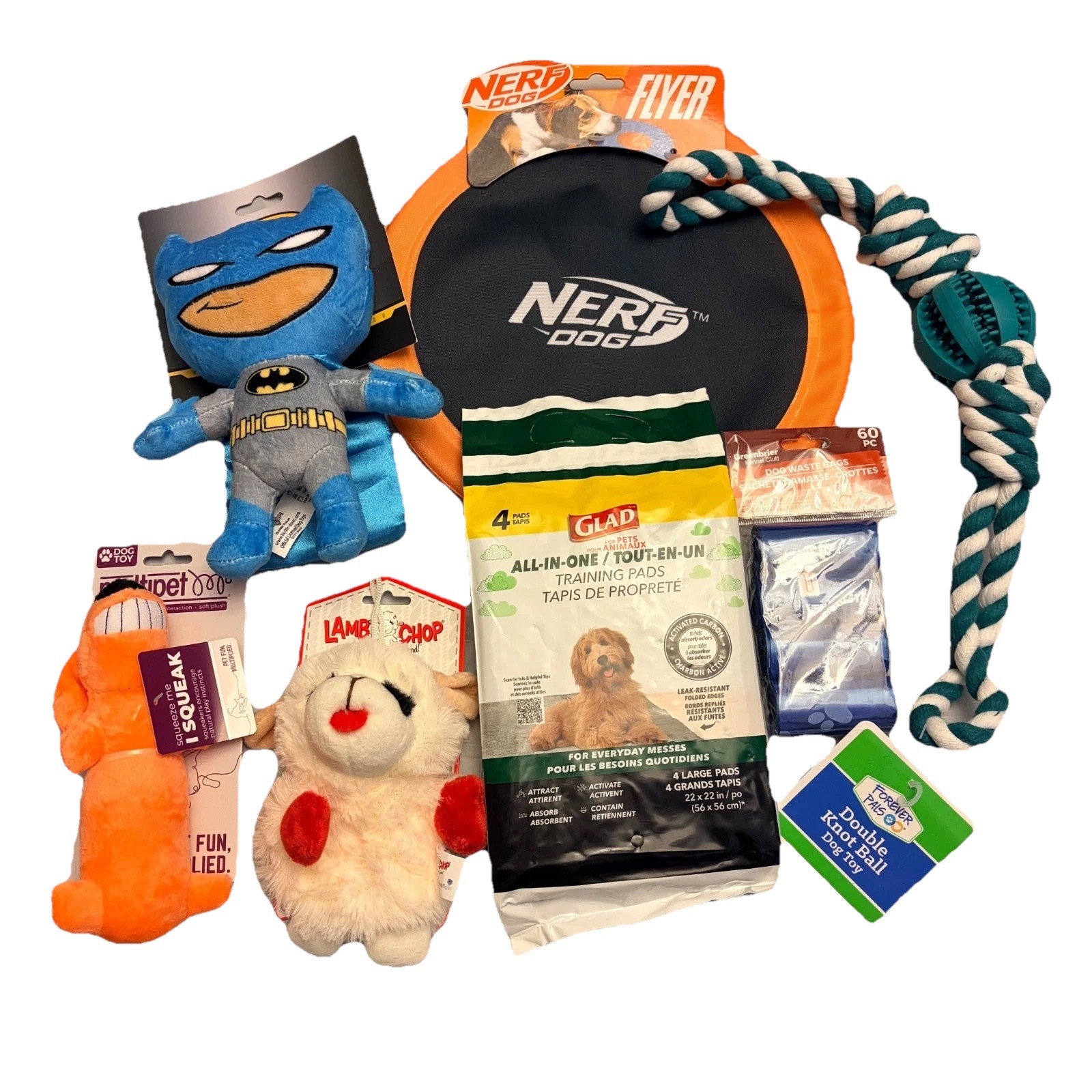 Dog Toy Bundle Nerf Disc Rope Tug Batman Plush Loofa + Training Pads Waste Bags