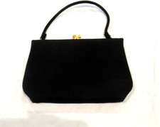 Black fabric top handle purse evening bag, branch-shaped clasp, c. 1960s