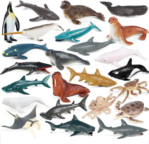 24pcs Sea Creature Figurines - Realistic Ocean Animal Figures with Sharks,...