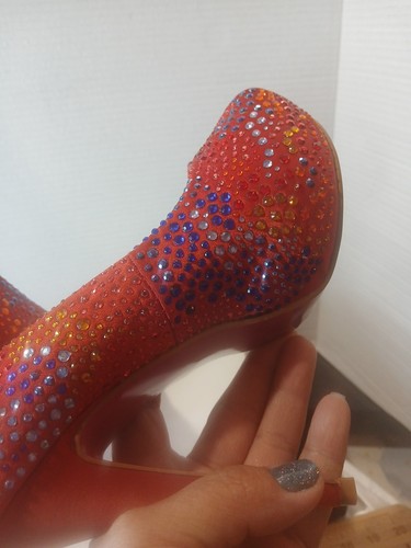 Sergio Zelcer Red Satin Would Style Size 8 Red Rhinstone High Heels Open Toe - Picture 20 of 24