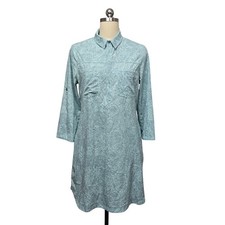 Title Nine Women's Shirt Dress Light Blue Leaf Print Collared Button Size Medium