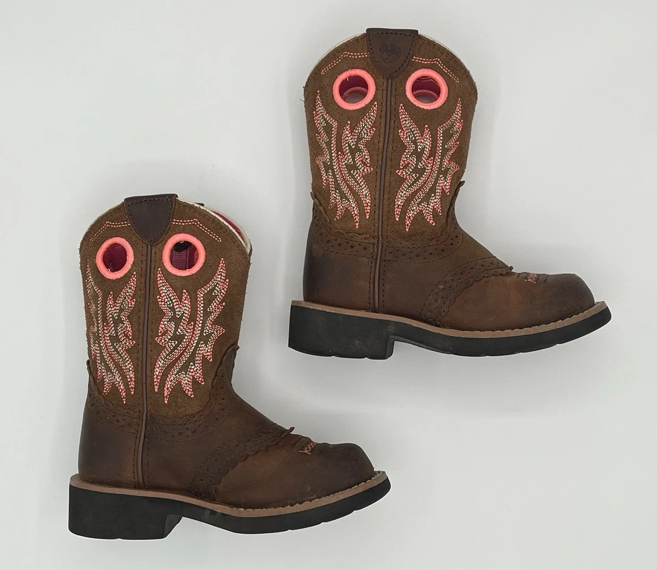 Ariat Fatbaby Leather Cowgirl Boots Kids Size 9 M Brown Pink Stitching With Box - Image 3 of 4