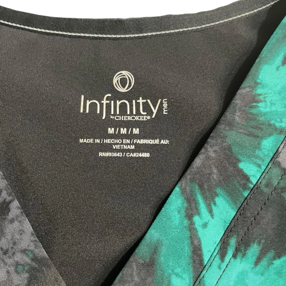 Cherokee Infinity Mens Scrub Top Size Medium Green Black Texture Burst 1 Pocket - Image 3 of 4
