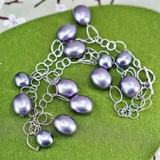 18  , vintage handmade pearl necklace, linen thread with faux black pearl
