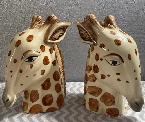 VTG Fitz & Floyd GIRAFFE Heads Sculpture Ceramic Hand Painted Bookends 6 1/2"
