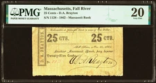 MA 25¢ FALL RIVER Massasoit Bank D.A. Brayton Nov 20, 1862 PMG Very Fine 20