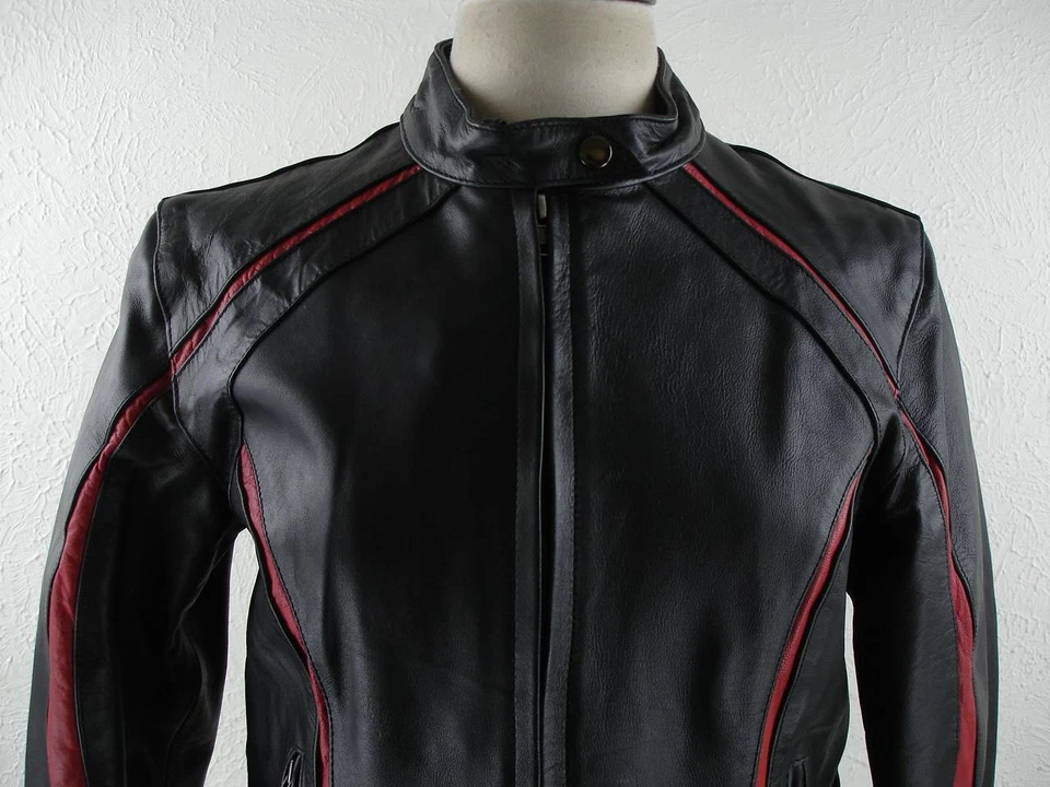 Women's M HOT Leathers Black Red Leather Motorcycle Jacket Cafe Racer Biker Moto - Image 2 of 4