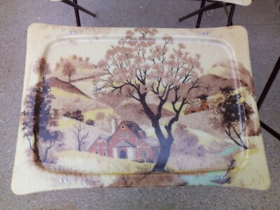 Vintage 1960's TV Trays With Stans Set Log Cabin Fiberglass Quaker