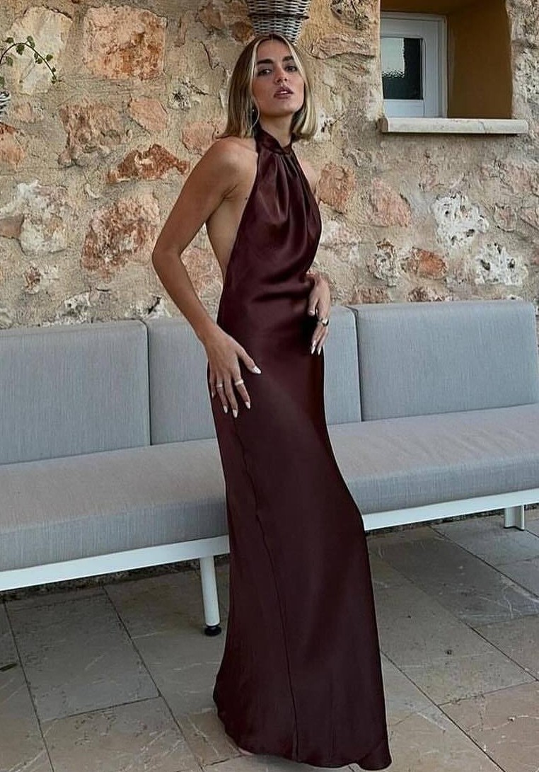 navy blue dress for baby girl Zara Satin Long Open Back Halter Neck Dress Brown Size L Large 3274/548 New