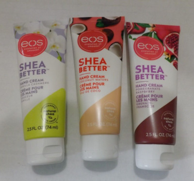 3 NEW EOS shea better hand creams pomegranate raspberry coconut vanilla cashmere