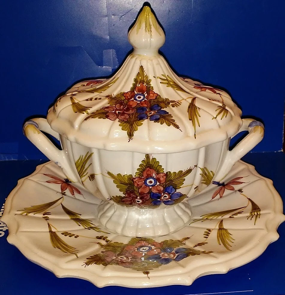 Hand Painted Soup Sauce Tureen Ladle Lid Underplate Nove di Bassano Italy