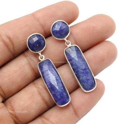Sapphire Gemstone Sterling Silver Art Deco Dangling September Earrings Jewelry
