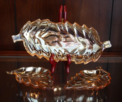 Carnival Glass Iridescent Amber Maple Leaf Serving Dishes Vintage 3 Piece Set