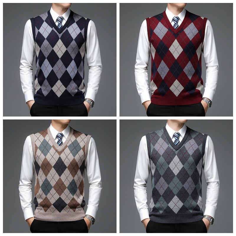 Men Knitted Vest Jacquard Argyle Sleeveless Pullover Jumper Men Knitted Vest Jacquard Argyle Sleeveless Pullover Jumper