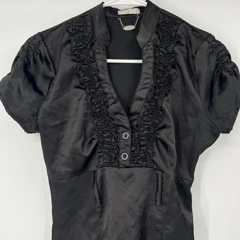 Mujer S Negro Satinado Y2K Blusa Volantes Cuello en V Gótico Hadas Grunge Sin Cinturón Cremallera Foto 2 de 4