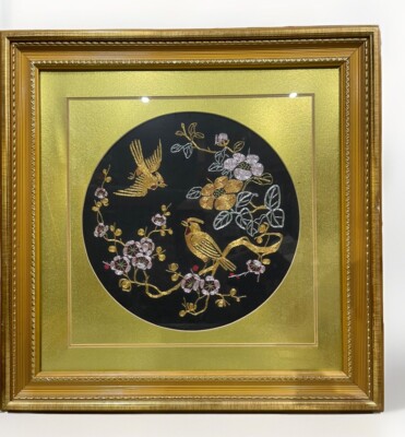 Chinese Silk Embroidery of Double Phoenix or songbirds Robin red breasts