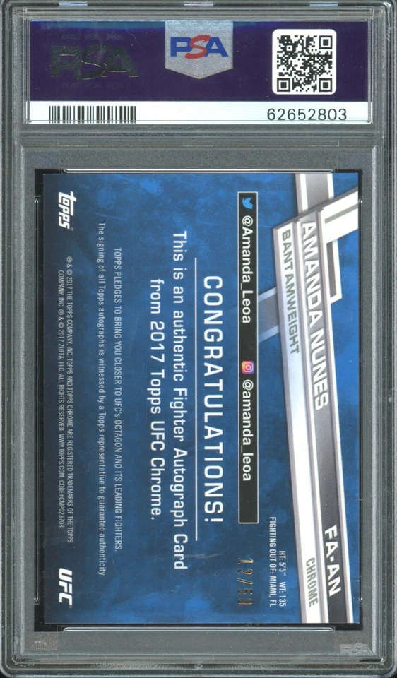 2017 Topps UFC Chrome Amanda Nunes Gold Refractor Auto #/50 PSA 9 MINT Pop 3 - Image 2 of 3