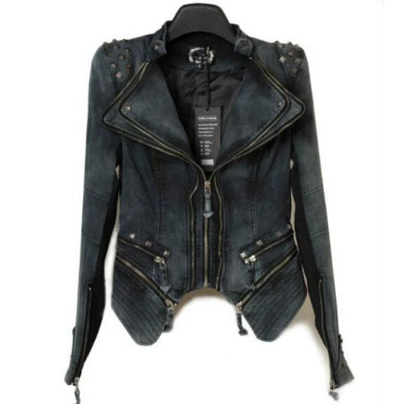 Elegante Abrigo Chaqueta Denim Para Mujer Punk Spike Tachonado Hombro Vintage Talla S-XXL  Foto 3 de 4