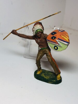 Elastolin Germany Indian Chief Shield & Spear Vintage Indian Toy Hand Painted