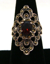 Sterling Silver Ring With Red Garnet Center Stone  Marcasite Accents Size 6.75