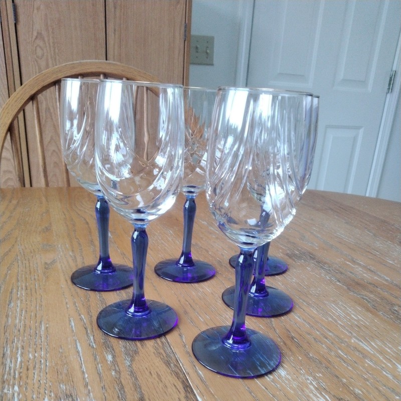6 Libbey Lenox Wine Glasses Cobalt Blue Stem Clear Swag Draped Bowl Gold Trim 
