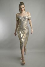 Metallic Off-Shoulder Draped Midi Dress