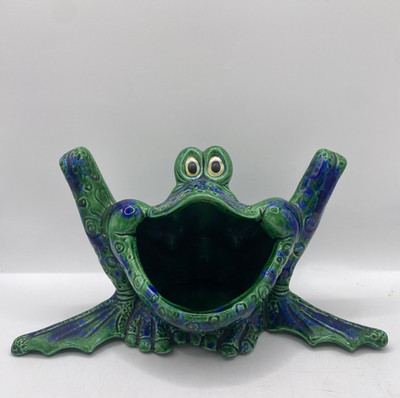 Vintage Keramik Frosch Schwamm Halter Übertopf Topf grün blau weite Öffnung Figur