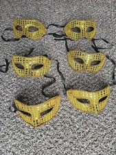 Venetian Masquerade Eye Mask Gold Glitter Floral Ribbon Black Trim Party Costume
