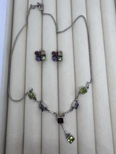 925 Sterling Silver Necklace & Earrings Set Amethyst Peridot Garnet Citrine