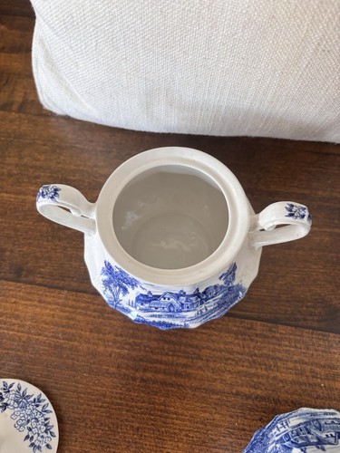 Vtg Ridgeway Ironstone Blue Transferware Hayride Coffeepot Creamer Sugar 3 Piece - Picture 10 of 14