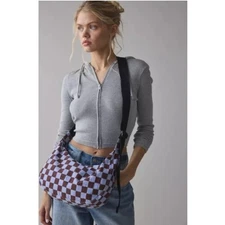 Baggu Medium Nylon Crescent Bag Brown + Blue Check