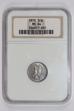 1870 THREE CENT NICKEL NGC MS64 GORGEOUS RAINBOW OBVERSE