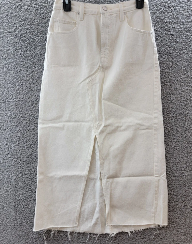 FRAME The Midaxi Denim Skirt Women's 25 Ecru Slit Raw Hem Button Zip Closure - Image 2 of 4