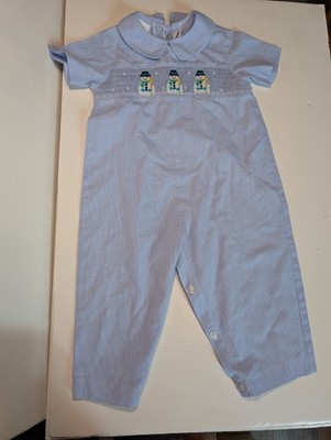 Silly Goose Hand Smocked Blue Gingham Embroidered Snowman 18M Romper Button Up