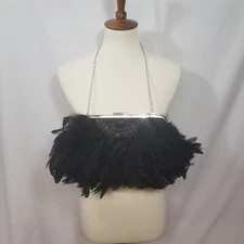 Charming Charlie Black Feather Seguin Shoulder Snap Top Purse Silver Link Chain