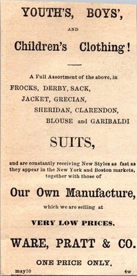 Ware Pratt & Co. Children's Clothing 1871 Worcester MA Clipping TAJ8-M14