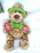 Hugfun Plush Christmas Bear Brown Red Green Hat Scarf Soft