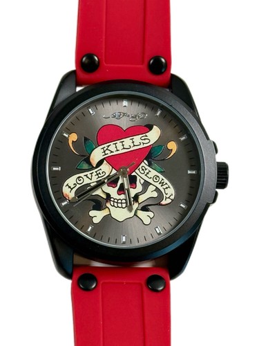 Ed Hardy Men's Candy Red Silicone Strap Watch 46mm Love Kills Slowly Tattoo Art